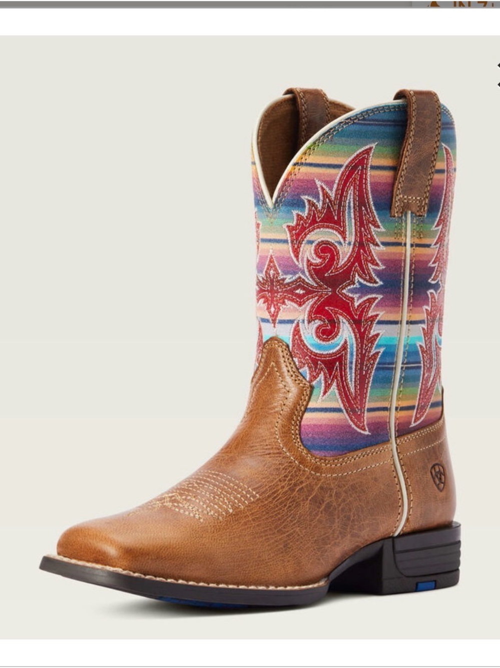 Ariat Tan Leather Kids Western Boot with Rainbow Serape Shaft and Red Embroidery